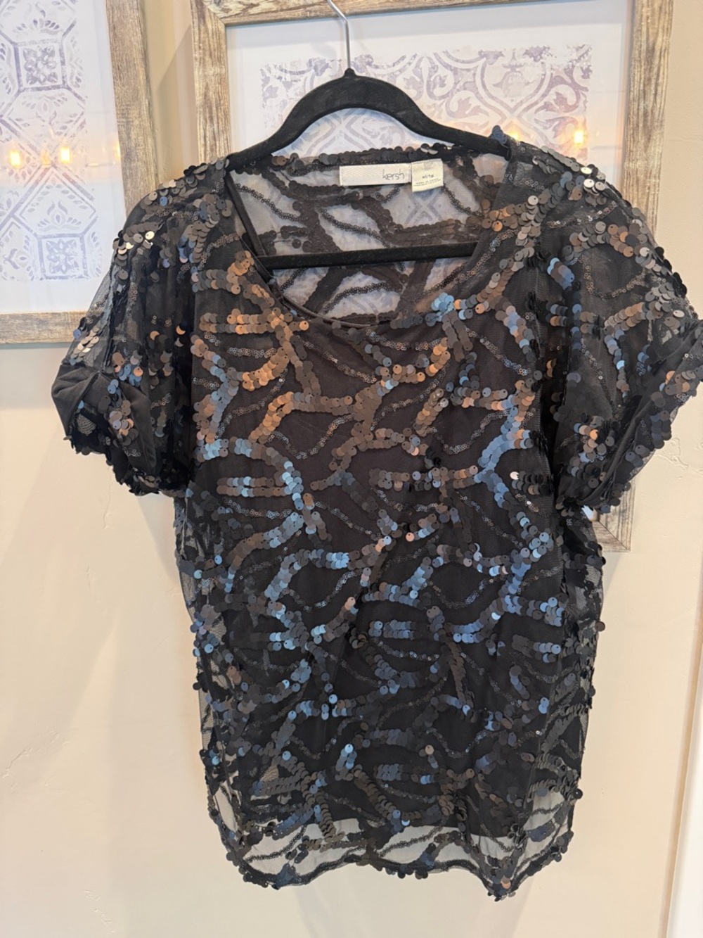 Kersh Black Sequin Short Sleeve Mesh Top
